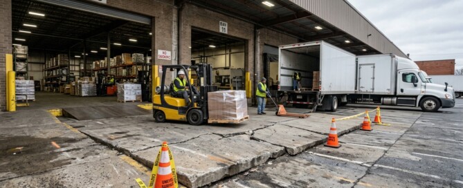 industrial loading dock area in a New Jersey warehouse showing sinking and uneven concrete slabs