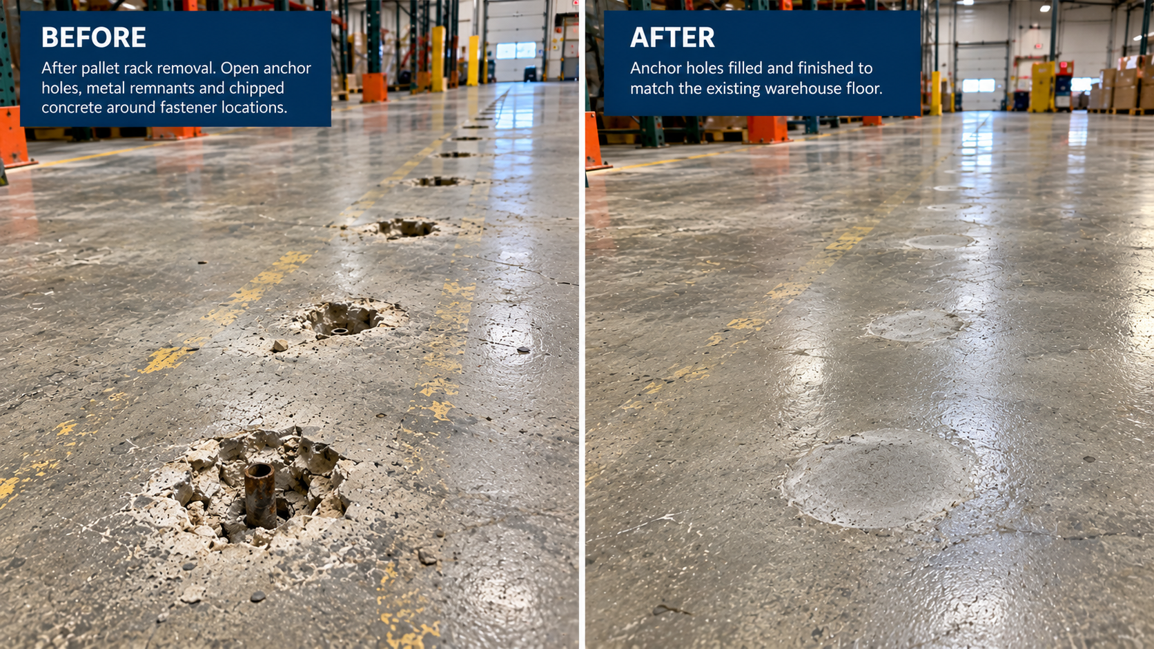 Warehouse Floor Anchor Hole Repair After Pallet Rack Removal